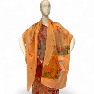 Orange ramie scarf hand-painted with Old Quarter 70*190cm